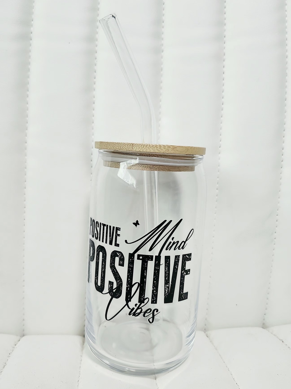 Positive Mind Positive Vibes Glass Tumbler with Bamboo Lid and Straw